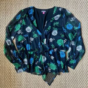 Vince Camuto Black Floral Blouse Asymmetric Hem Long Sleeve Whimsy Goth Fairy XL